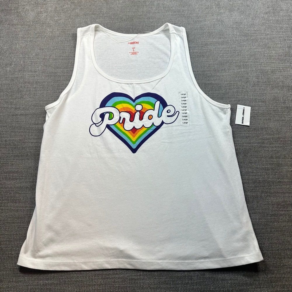 Indent Pride Tank Top Unisex Large White NWT Rainbow Heart Graphic Sleeveless‎